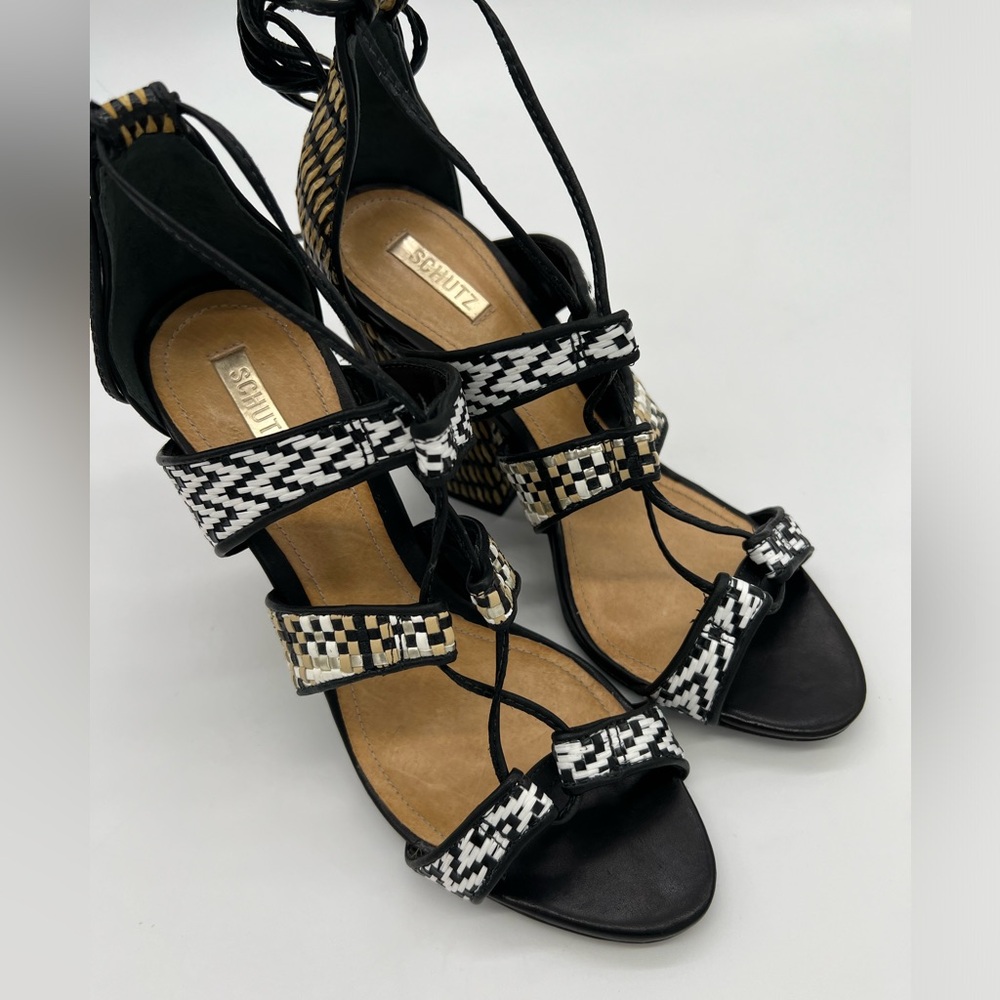 Schutz Woven Raffia Block Heel Lace-Up Strappy Sandals Black/White Sz 7 - Picture 13 of 16